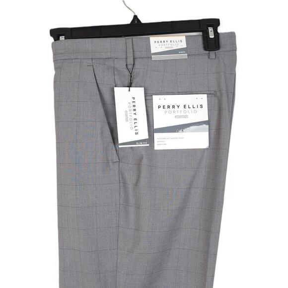 Perry Ellis Men's Slim-Fit Stretch Dress Pants Grey Windowpane Plaid 34x34 NWT